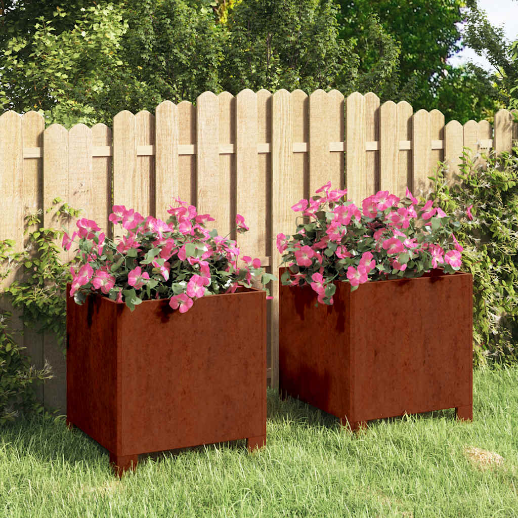 Plantenbakken met poten 2 st roestig 30x30x30 cm cortenstaal