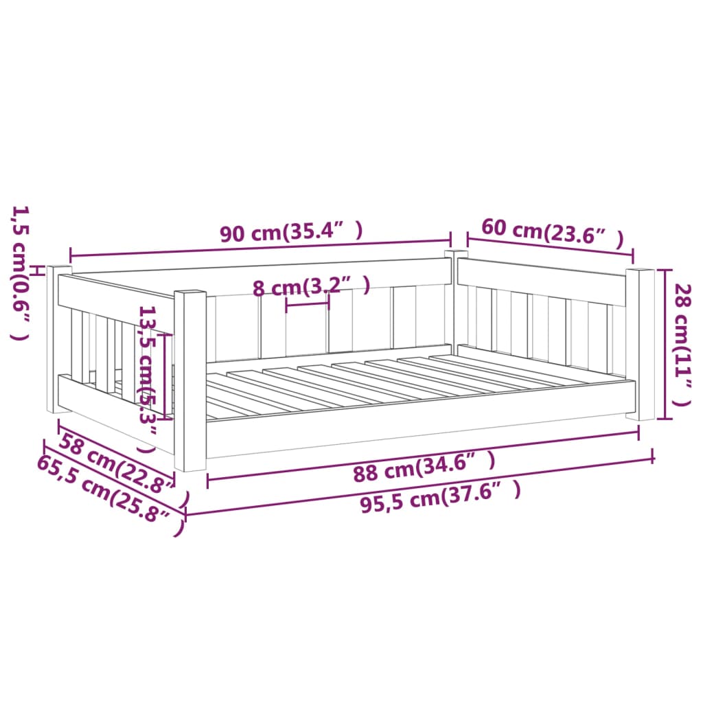Hondenmand 95,5x65,5x28 cm massief grenenhout wit – afbeelding 7