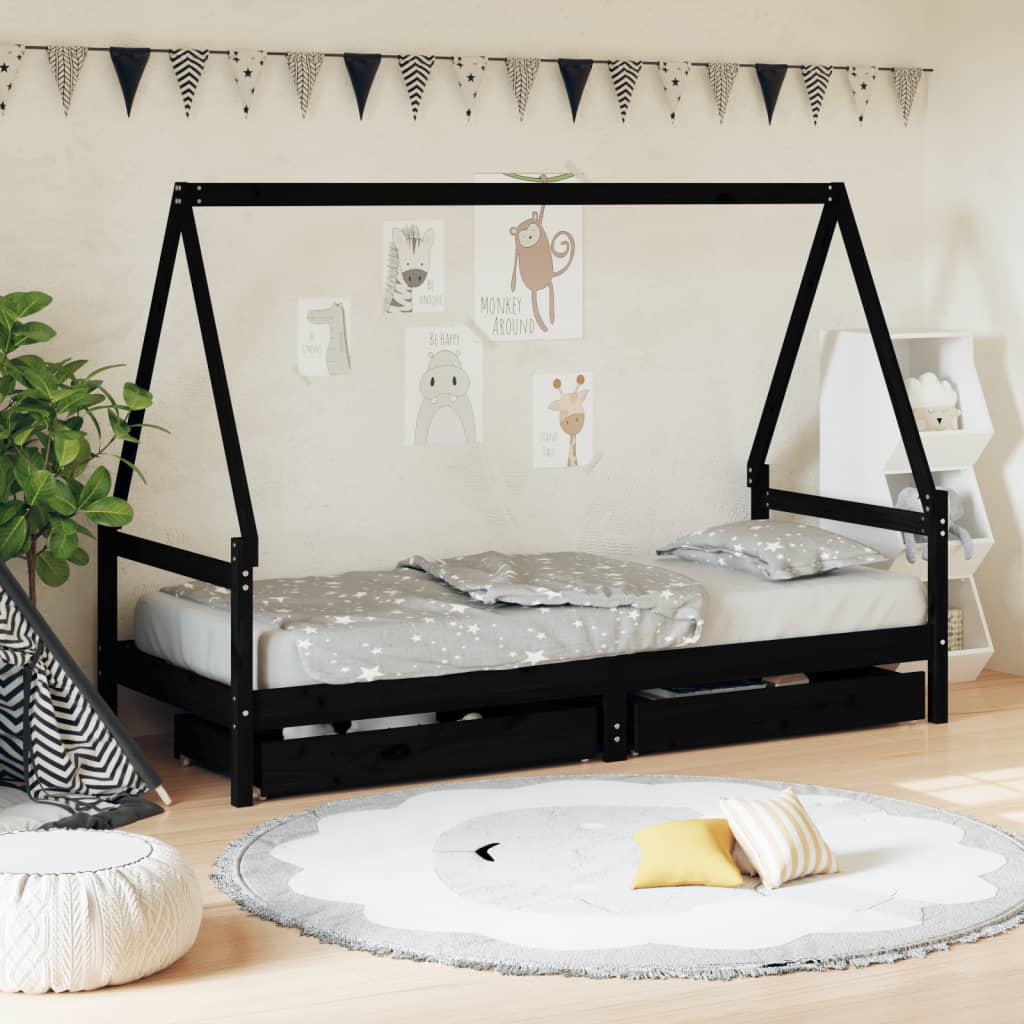 Kinderbedframe met lades 90x190 cm massief grenenhout zwart