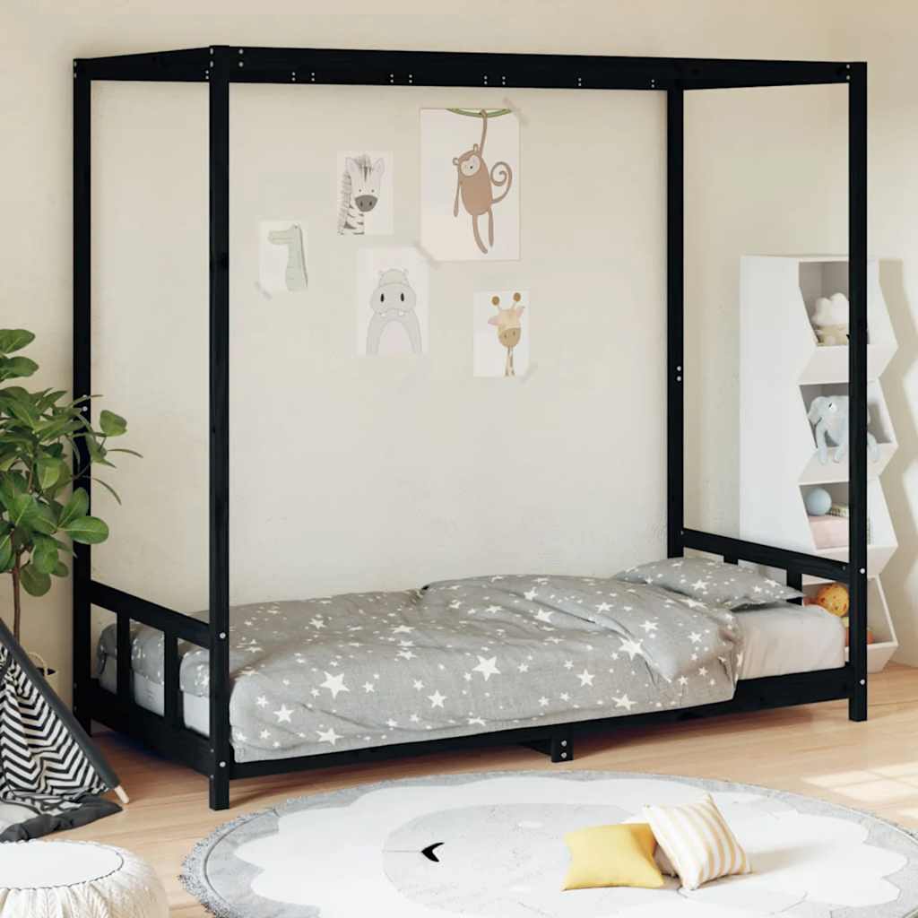 Kinderbedframe 90x190 cm massief grenenhout zwart – afbeelding 1