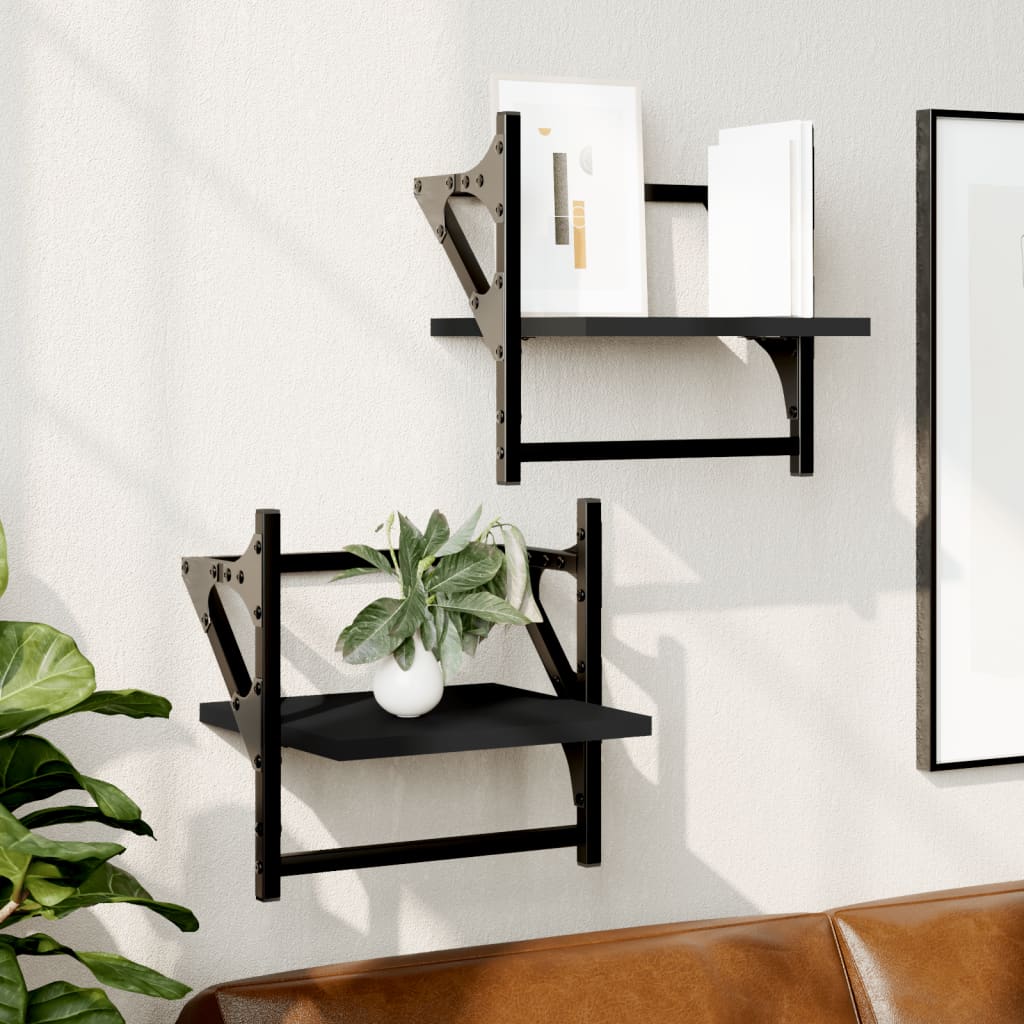 Wandschappen met stangen 2 st 30x25x30 cm zwart – afbeelding 1