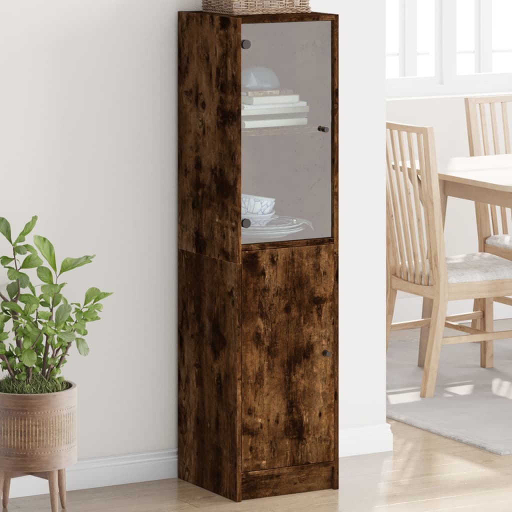 Hoge kast met glazen deur 35x37x142 cm gerookt eikenkleurig – afbeelding 1