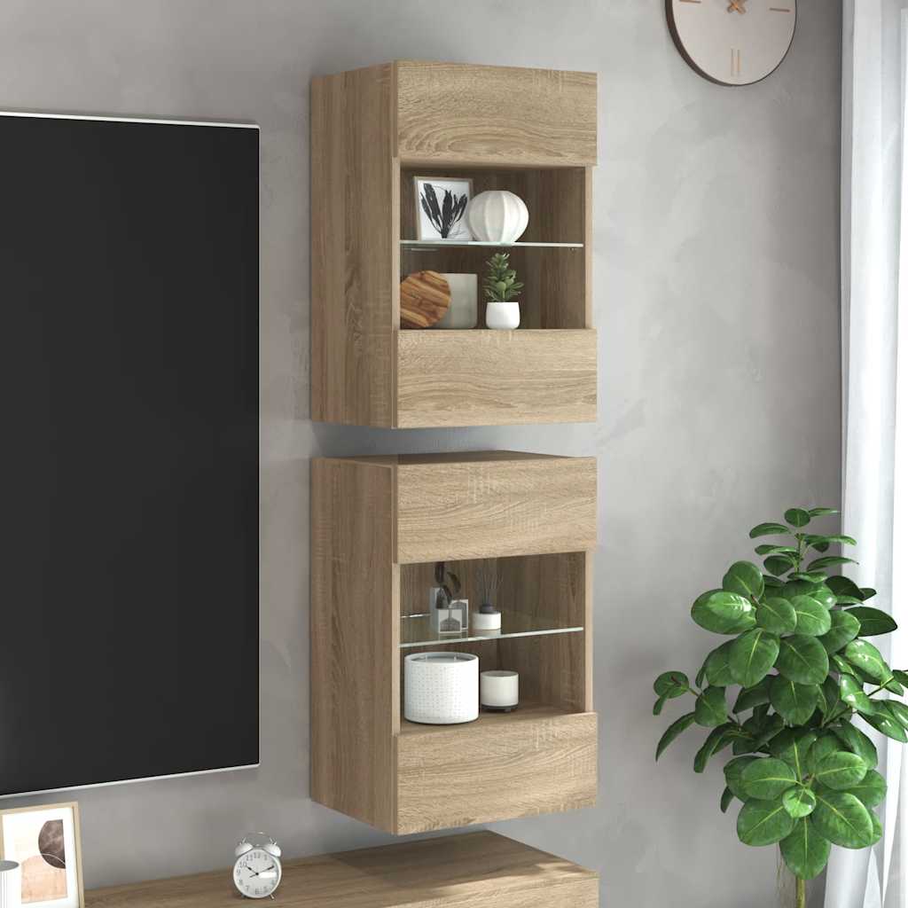 Wandkasten met LED-verlichting voor tv 2 st 40x30x60,5 cm sonoma eikenkleurig – afbeelding 1