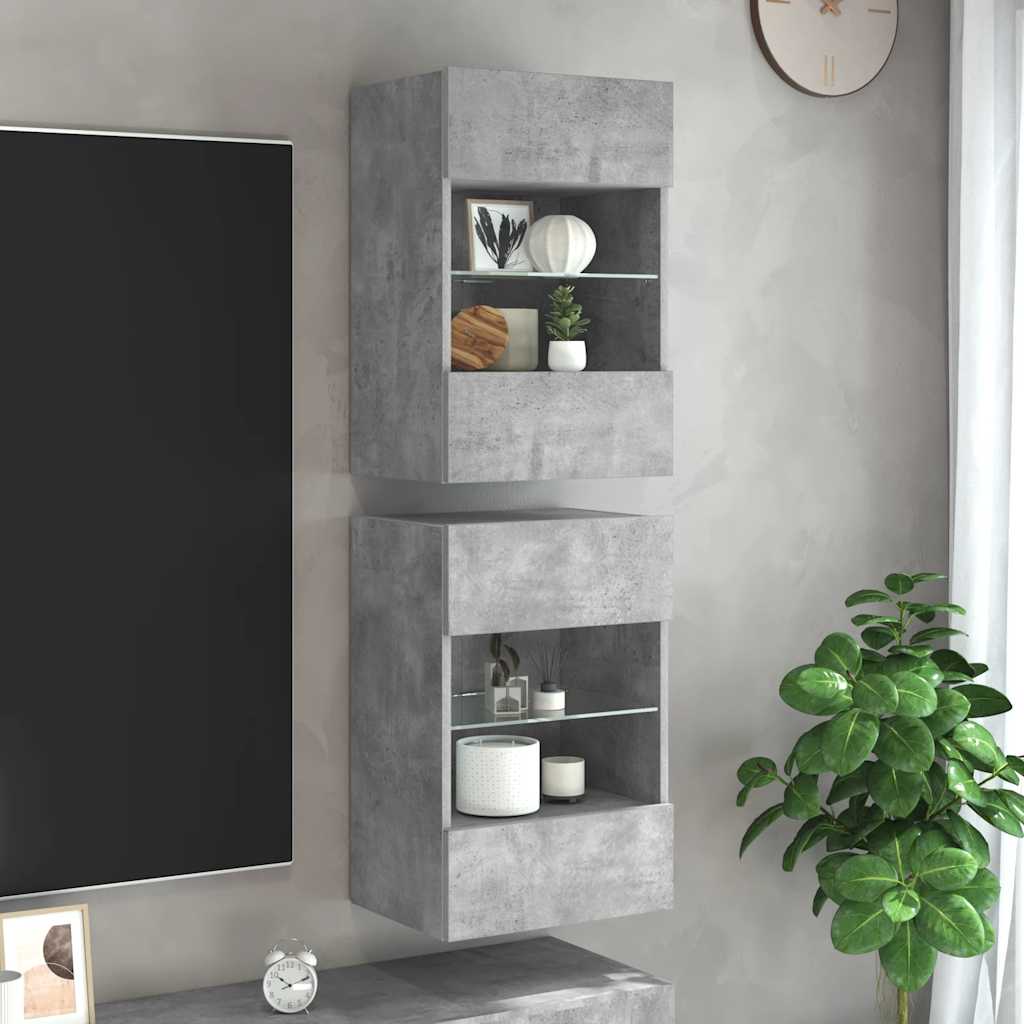 Wandkasten met LED-verlichting voor tv 2 st 40x30x60,5 cm betongrijs