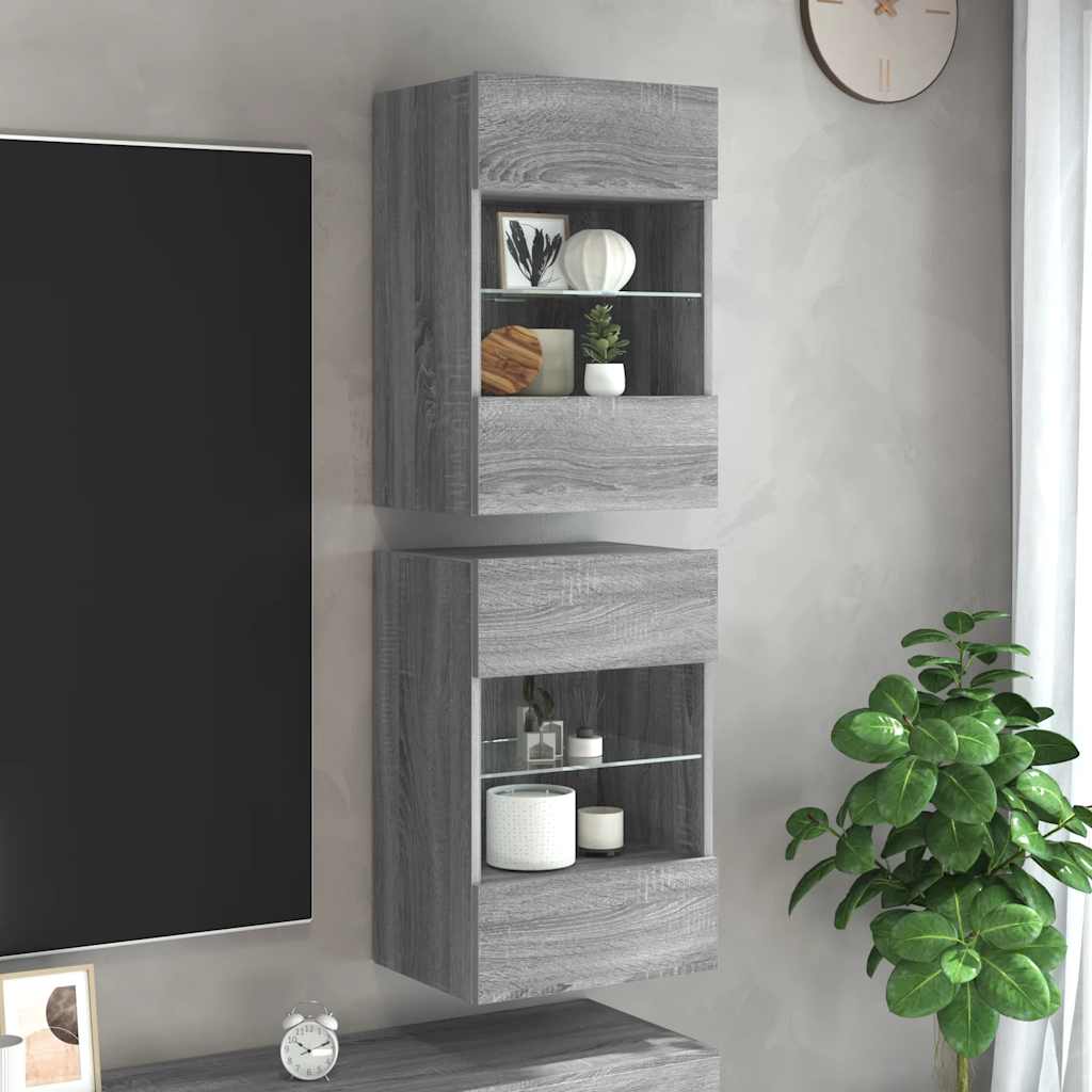 Wandkasten met LED-verlichting voor tv 2 st 40x30x60,5 cm grijs sonoma eiken