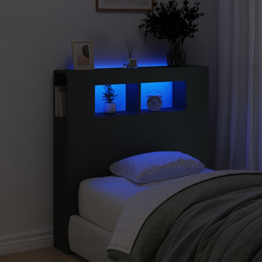 Hoofdeinde met LED 100x18,5x103,5 cm bewerkt hout zwart – afbeelding 1