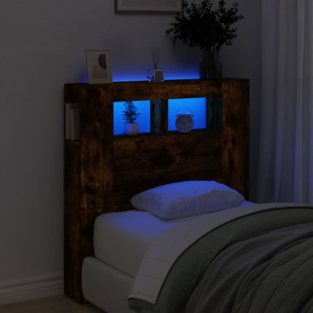 Hoofdeinde met LED 100x18,5x103,5 cm bewerkt hout gerookt eiken – afbeelding 1