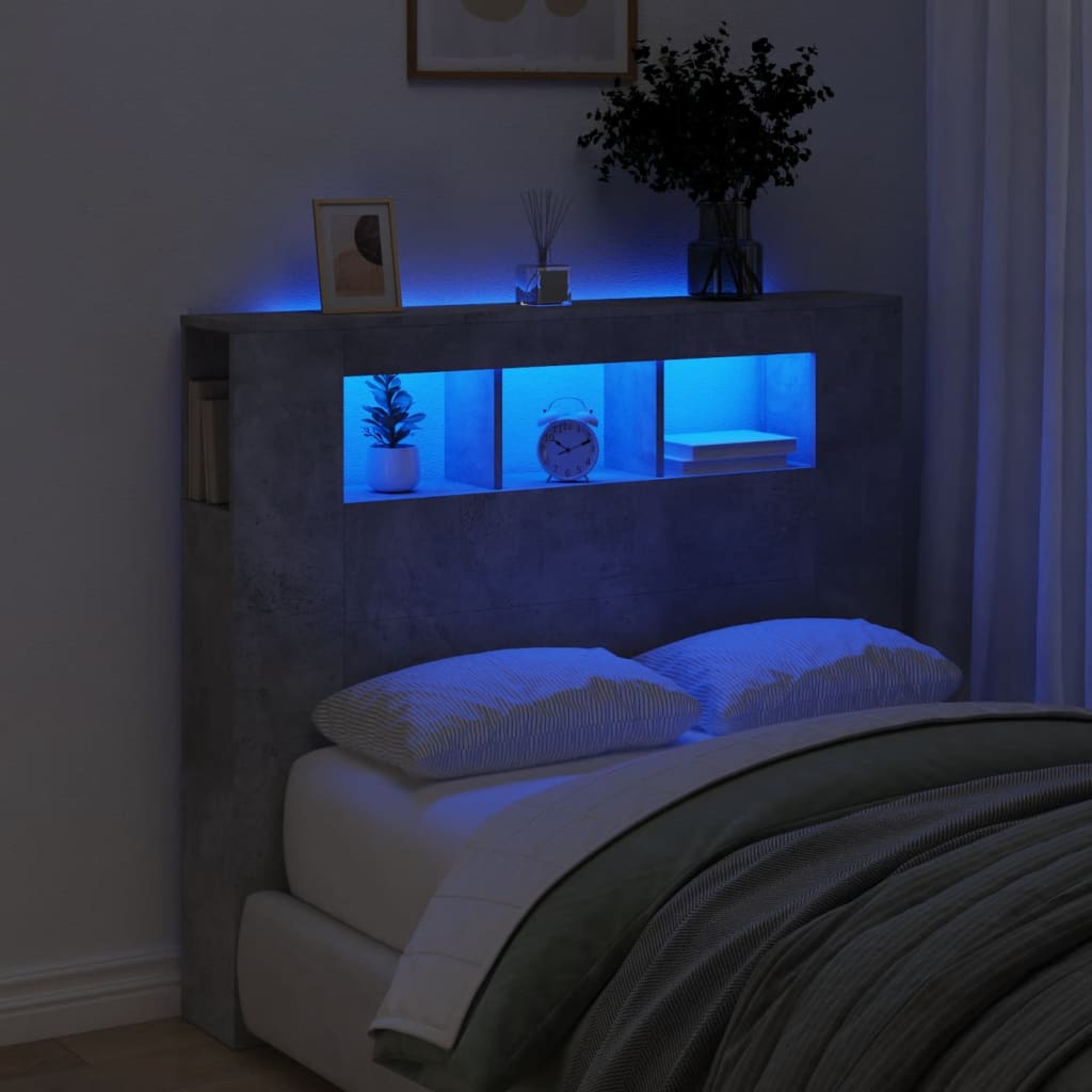 Hoofdeinde met LED 120x18,5x103,5 cm bewerkt hout betongrijs – afbeelding 1