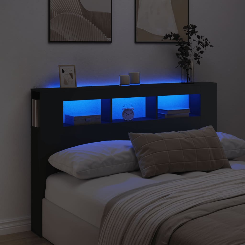 Hoofdeinde met LED 160x18,5x103,5 cm bewerkt hout zwart – afbeelding 1