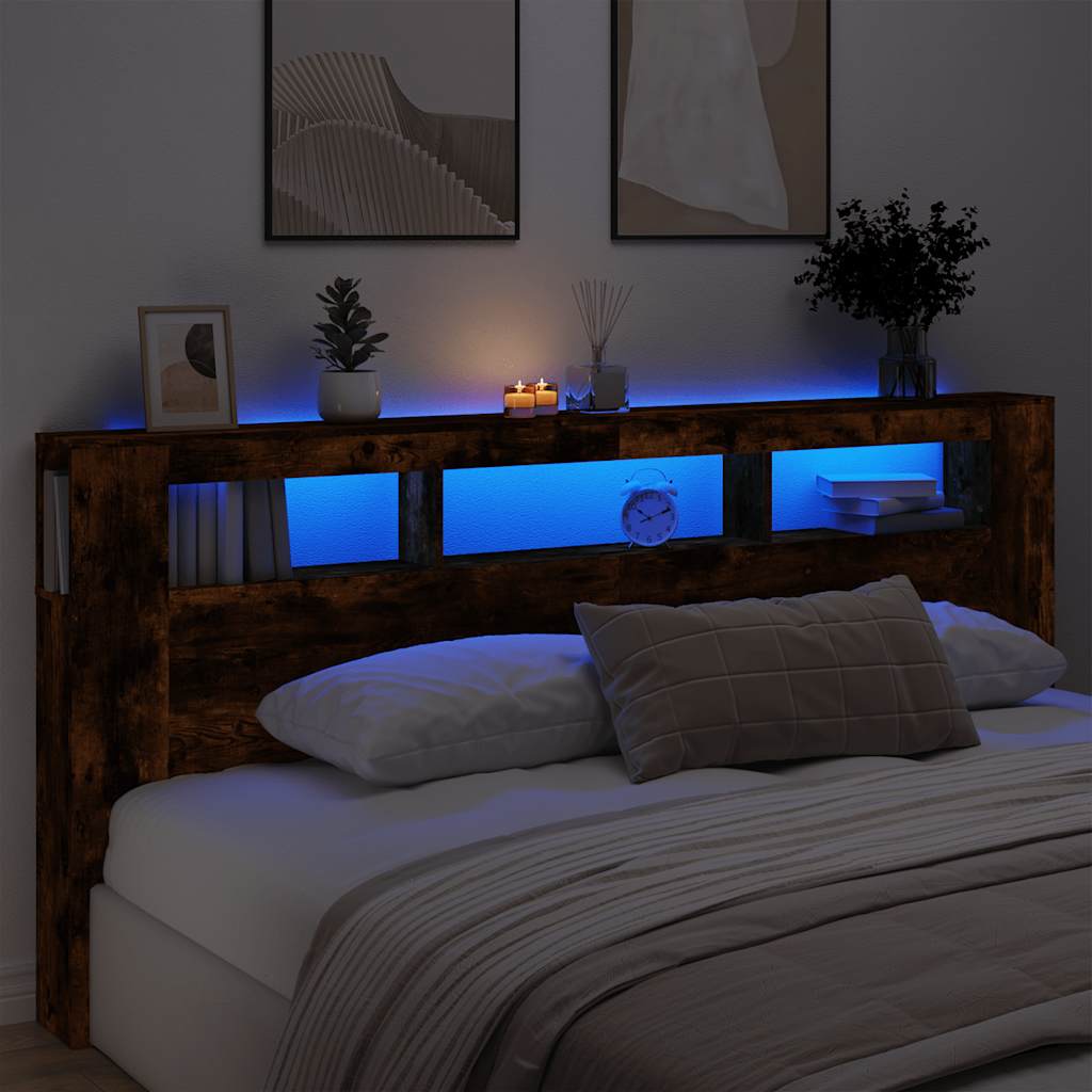 Hoofdeinde met LED 220x18,5x103,5 cm bewerkt hout gerookt eiken – afbeelding 1