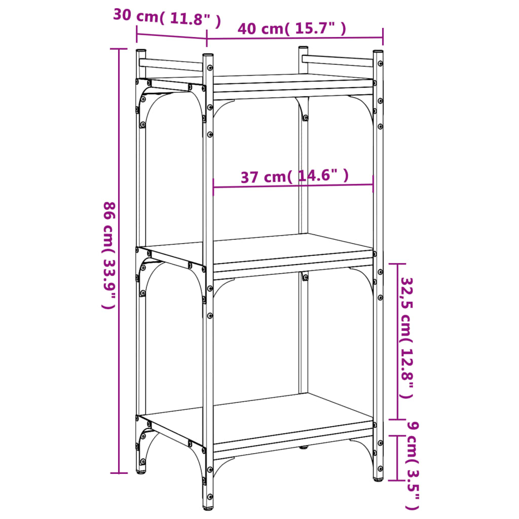 Boekenkast 3-laags 40x30x86 cm bewerkt hout gerookt eikenkleur – afbeelding 9