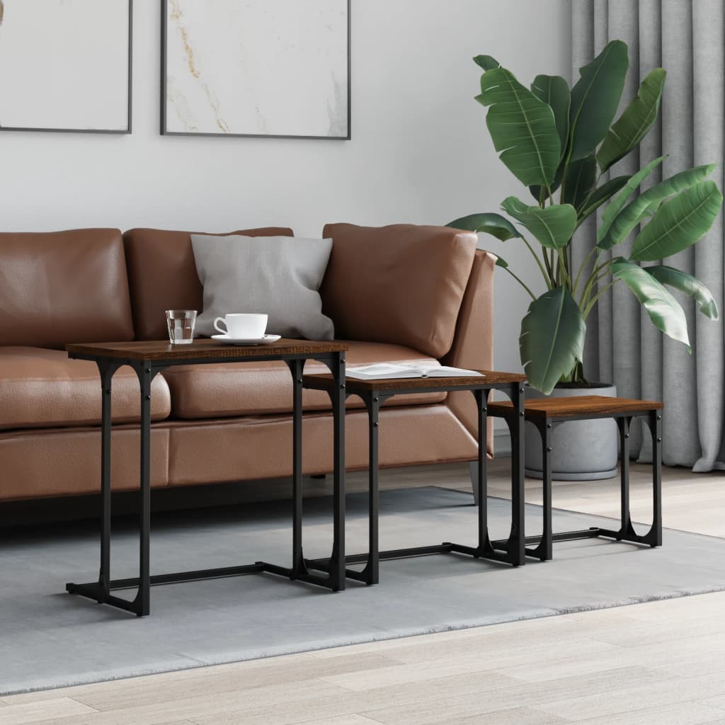 3-delige Tafeltjesset bewerkt hout bruin eikenkleur – afbeelding 1