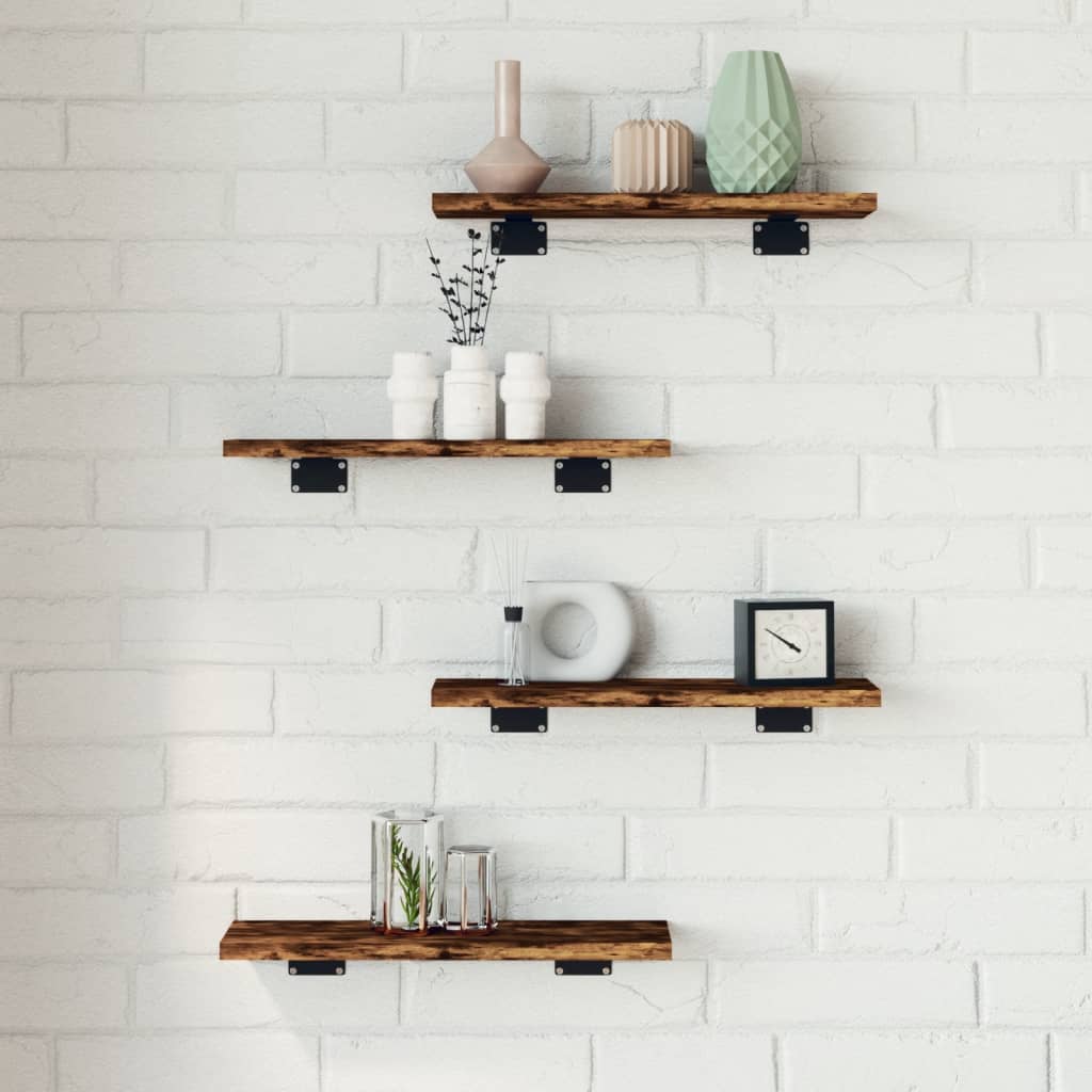 Wandschappen 4 st 40x10x1,5 cm bewerkt hout gerookt eikenkleur – afbeelding 1
