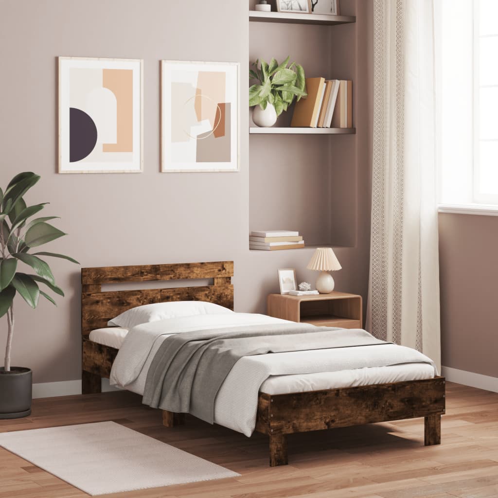 Bedframe met hoofdeinde bewerkt hout gerookt eiken 100x200 cm – afbeelding 1
