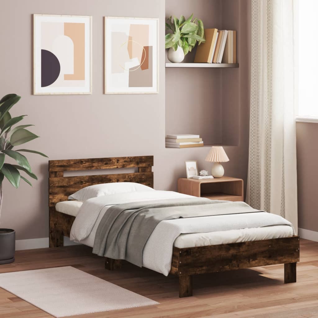 Bedframe met hoofdeinde bewerkt hout gerookt eiken 90x200 cm – afbeelding 1