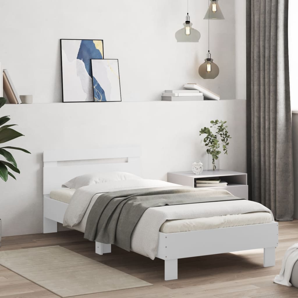 Bedframe met hoofdeinde bewerkt hout wit 90x190 cm – afbeelding 1