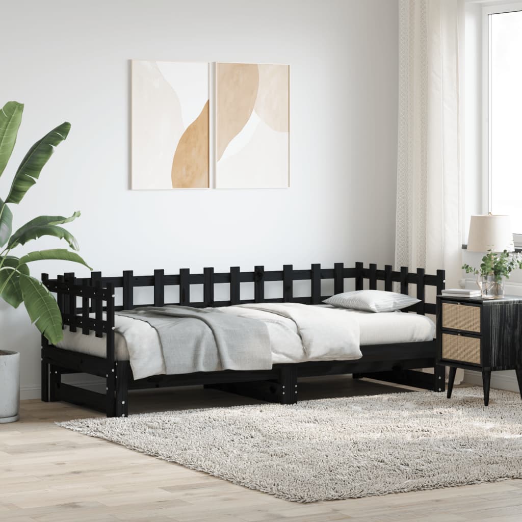 Slaapbank uitschuifbaar 2x(80x200) cm massief grenenhout zwart – afbeelding 1