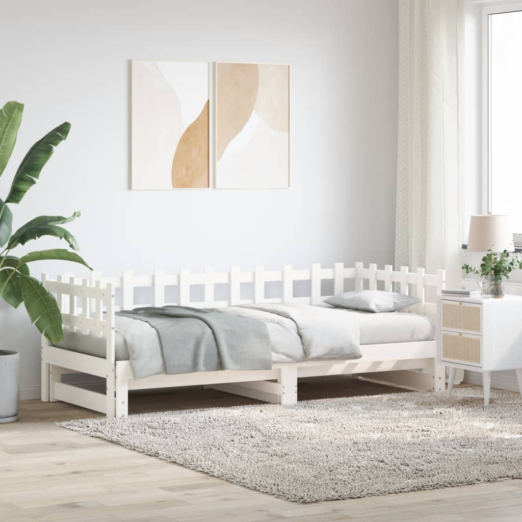 Slaapbank uitschuifbaar massief grenenhout wit 2x(90x190) cm – afbeelding 1