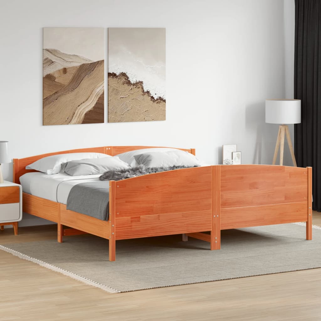 Bedframe met hoofdbord massief grenenhout wasbruin 200x200 cm – afbeelding 3