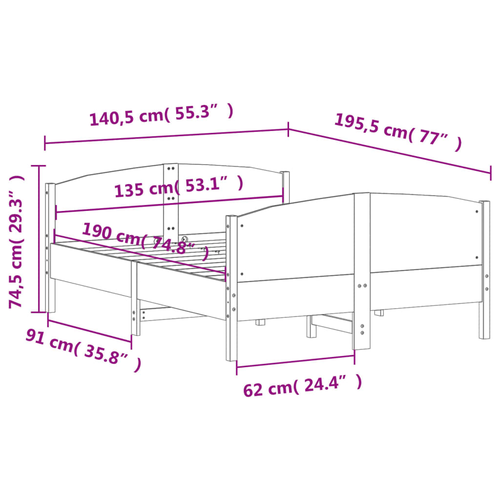 Bedframe met hoofdbord massief grenenhout 135x190 cm – afbeelding 9