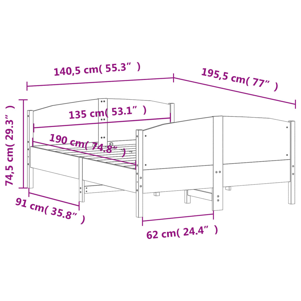 Bedframe met hoofdbord massief grenenhout wit 135x190 cm – afbeelding 9