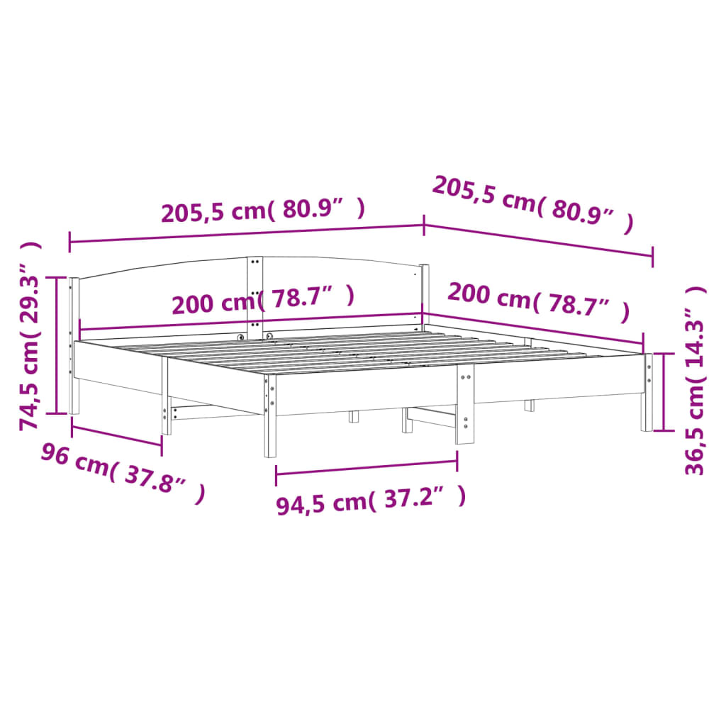 Bedframe met hoofdbord massief grenenhout wasbruin 200x200 cm – afbeelding 9