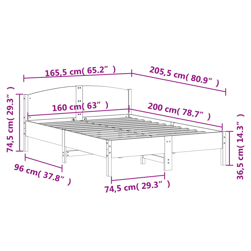Bedframe met hoofdbord massief grenenhout wasbruin 160x200 cm – afbeelding 9