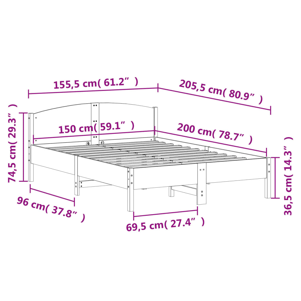 Bedframe met hoofdbord massief grenenhout 150x200 cm – afbeelding 9