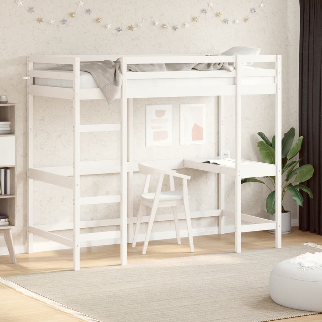 Hoogslaper met bureau massief grenenhout wit 90x200 cm – afbeelding 1
