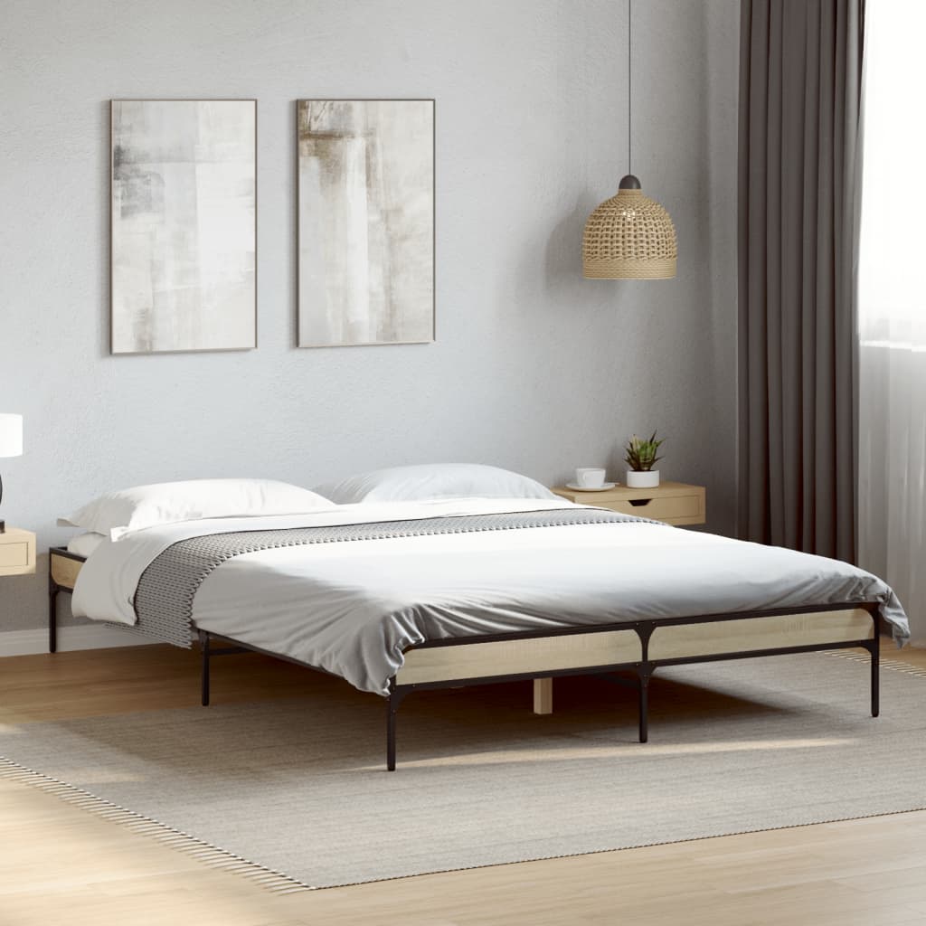 Bedframe bewerkt hout metaal sonoma eikenkleurig 120x200 cm – afbeelding 1