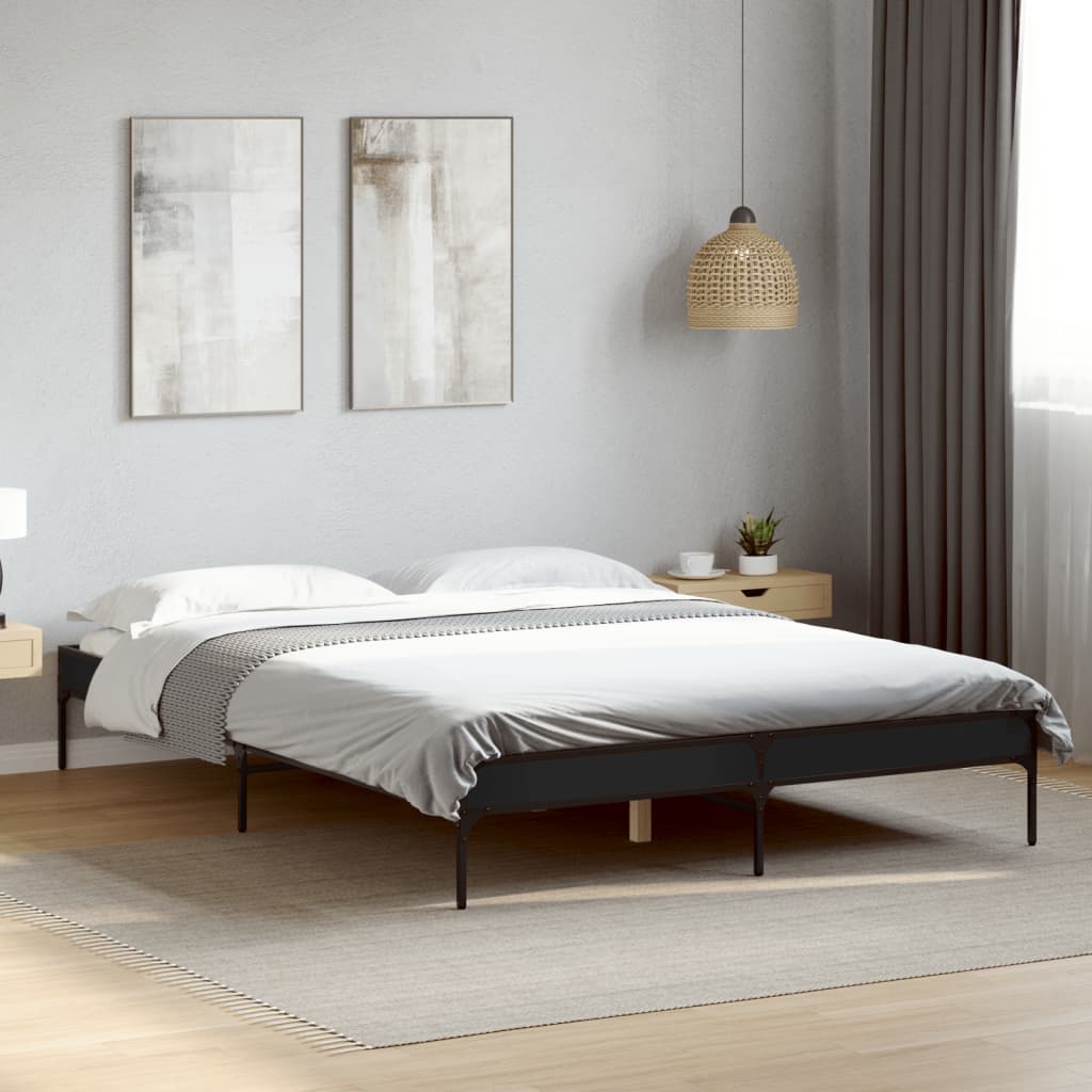 Bedframe bewerkt hout metaal zwart 135x190 cm – afbeelding 1