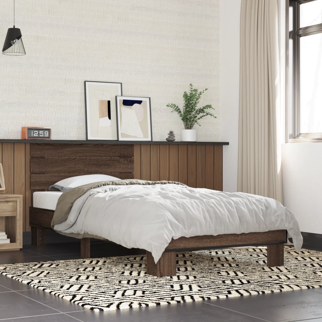 Bedframe bewerkt hout en metaal bruin eikenkleurig 100x200 cm – afbeelding 1
