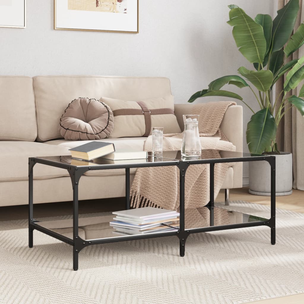 Salontafel met zwart glazen blad 98,5x50x40 cm staal – afbeelding 1
