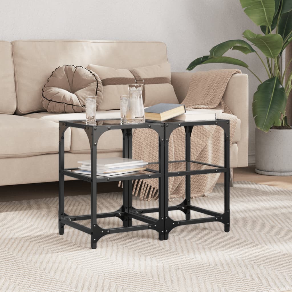 Salontafels 2 st met zwart glazen blad 30x30x45 cm staal – afbeelding 1