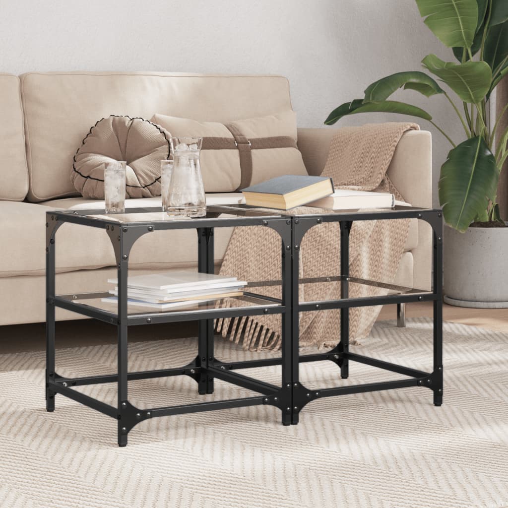 Salontafels 2 st met transparant glazen blad 40x40x45 cm staal