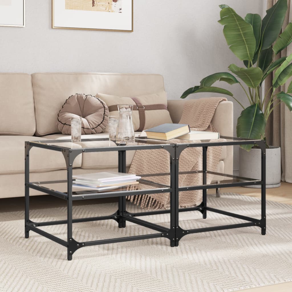 Salontafels 2 st met transparant glazen blad 50x50x45 cm staal – afbeelding 1