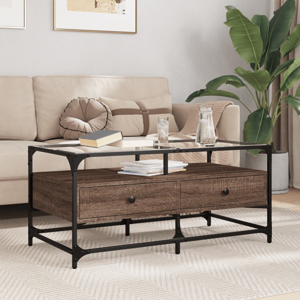 Salontafel met glazen blad 98,5x50x45 cm sonoma eiken staal – afbeelding 1