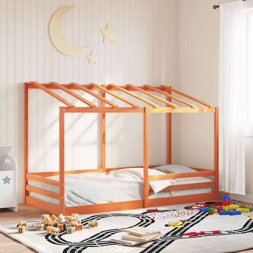 Kinderbed met bedhuis 90x200 cm massief grenenhout wasbruin – afbeelding 1