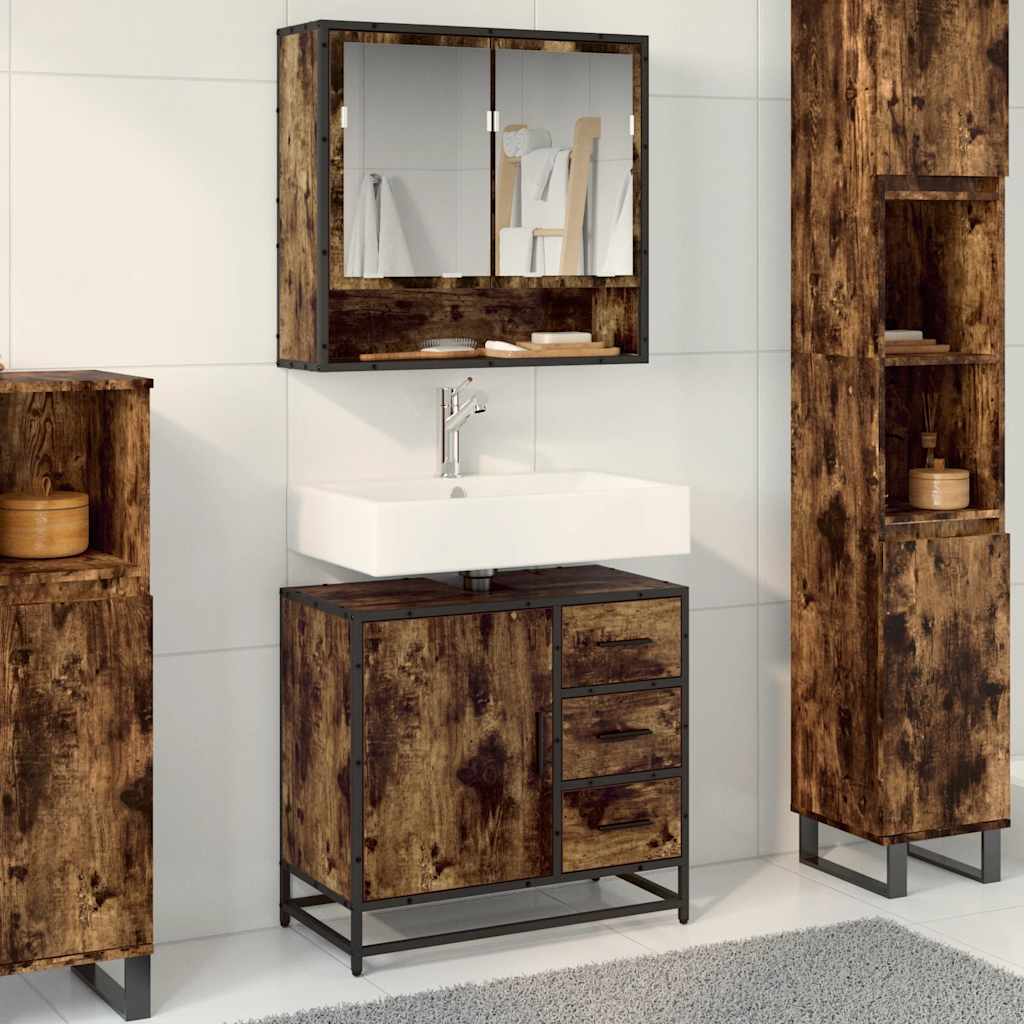 Wastafelkast 65x33x60 cm bewerkt hout gerookt eikenkleurig – afbeelding 1