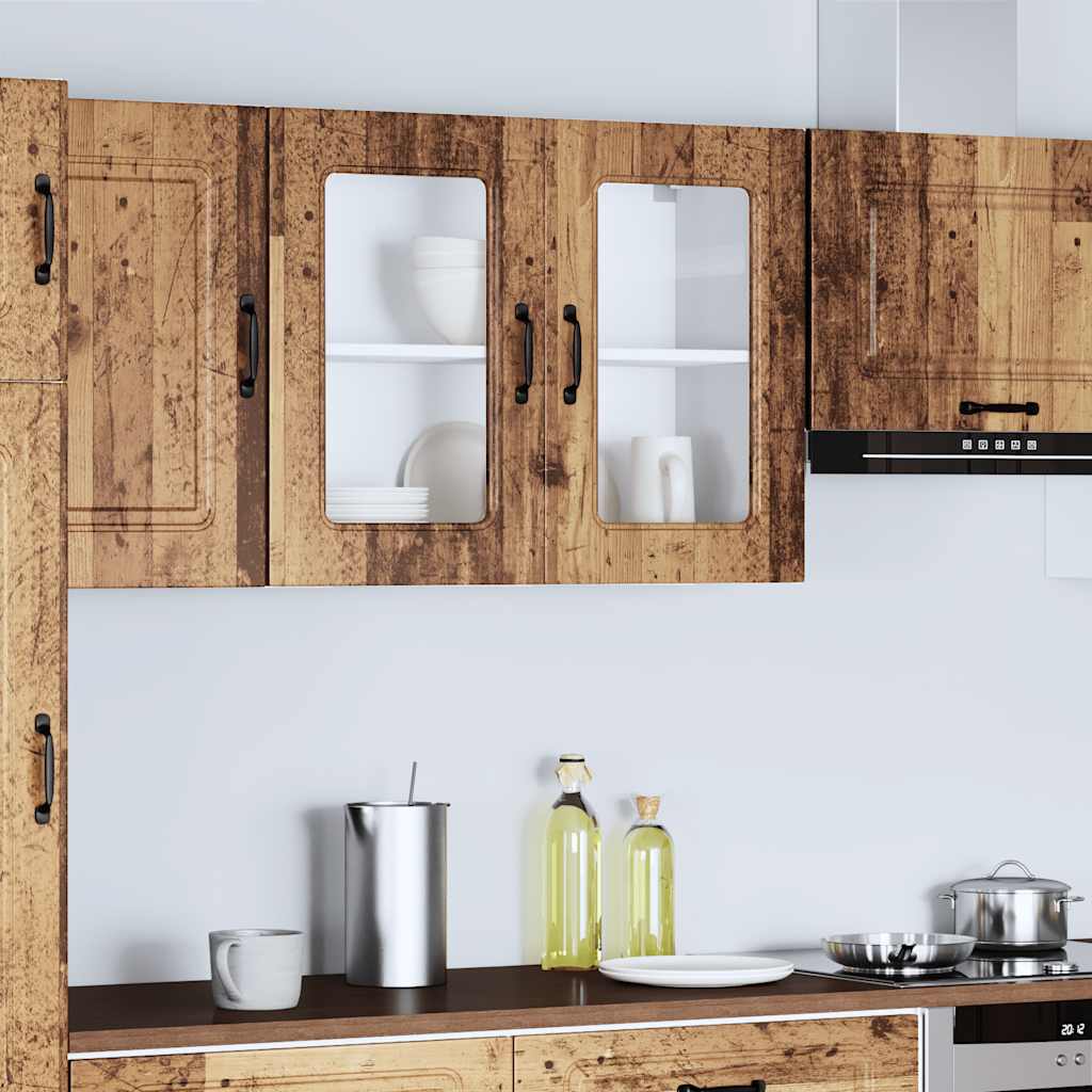 Keukenbovenkast met glazen deur bewerkt hout oud houtkleurig – afbeelding 1