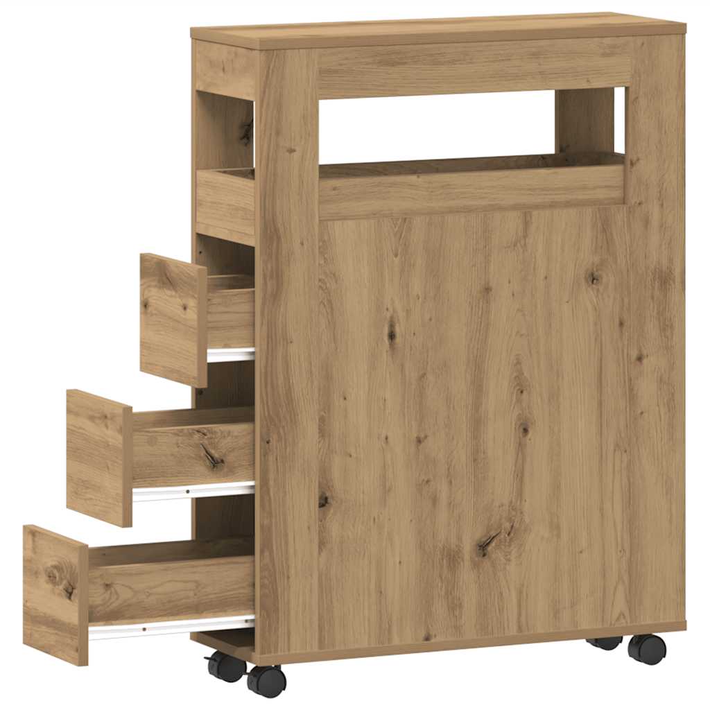 Badkamerkast smal met wielen bewerkt hout artisanaal eiken – afbeelding 2
