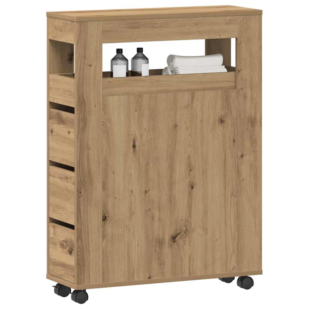 Badkamerkast smal met wielen bewerkt hout artisanaal eiken – afbeelding 3