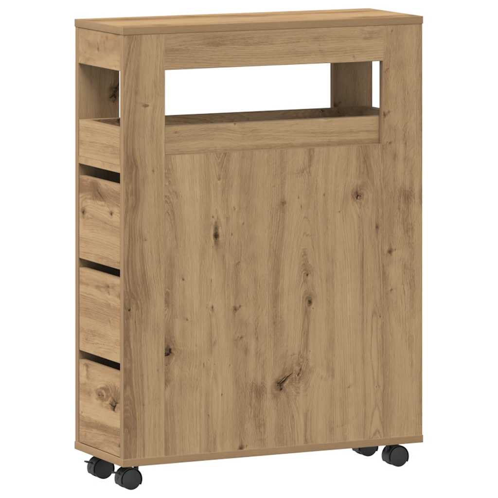 Badkamerkast smal met wielen bewerkt hout artisanaal eiken – afbeelding 4