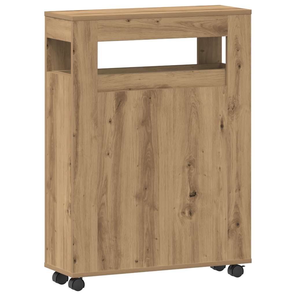 Badkamerkast smal met wielen bewerkt hout artisanaal eiken – afbeelding 7