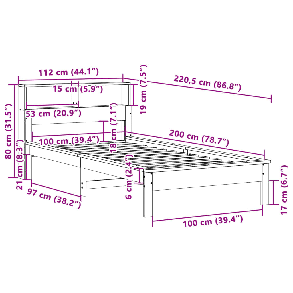 Bed met boekenkast zonder matras massief grenenhout 100x200 cm – afbeelding 9