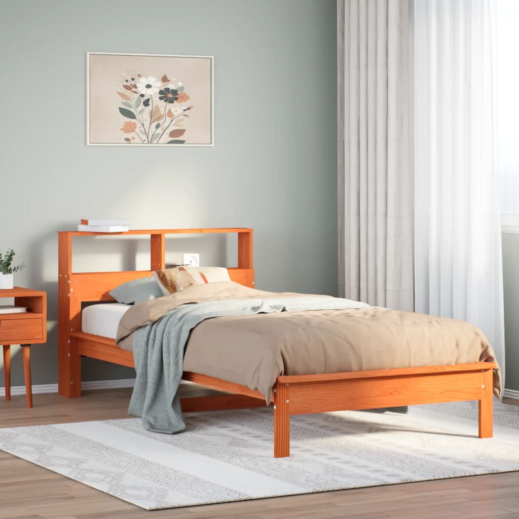 bed met boekenkast zonder matras grenenhout wasbruin 90x200 cm – afbeelding 1