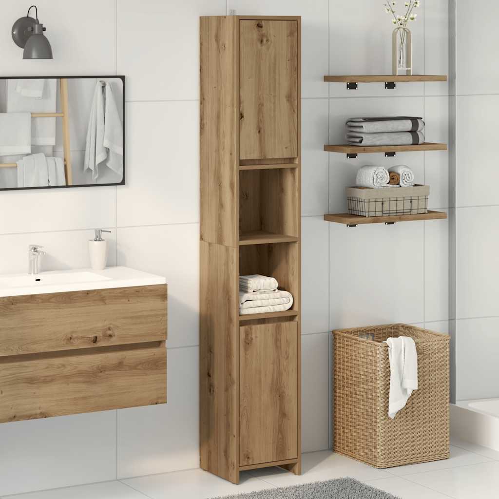 Badkamerkast 30x30x183,5 cm bewerkt hout artisanaal eikenkleur – afbeelding 1