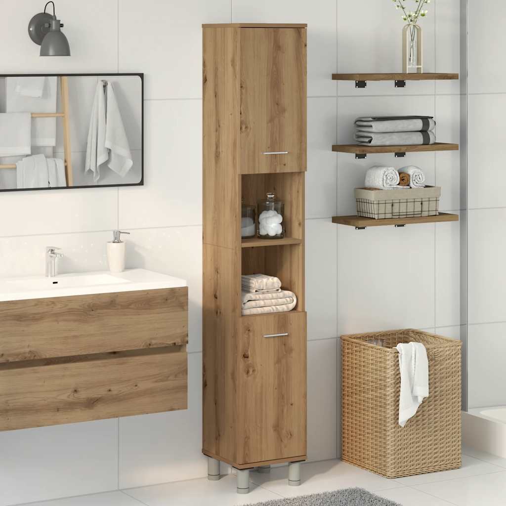 Badkamerkast 30x30x179 cm bewerkt hout artisanaal eikenkleurig