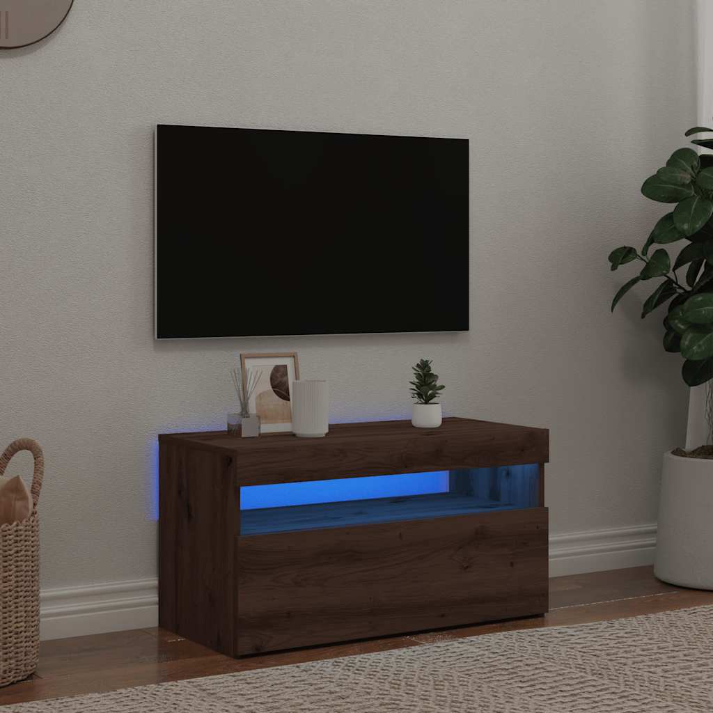 Tv-meubel met LED 75x35x40 cm bewerkt hout artisanaal eiken