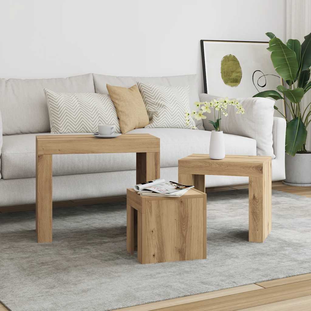 3-delige Tafeltjesset bewerkt hout artisanaal eikenkleurig